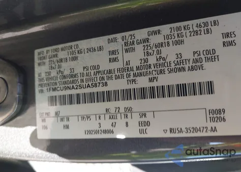 2025 Ford Escape St-Line Select из США, поврежденный, VIN 1FMCU9NA2SUA58738